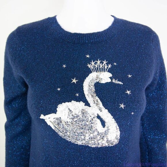 Children's Place shimmering metallic thread sequin swan navy blue sweater, L - Picture 5 of 16